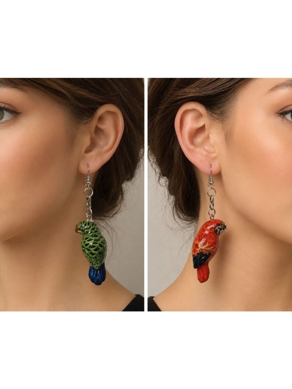 Hand-Painted Parrot Bird Earrings Red Green Figural Dangle Drop Artisan Style